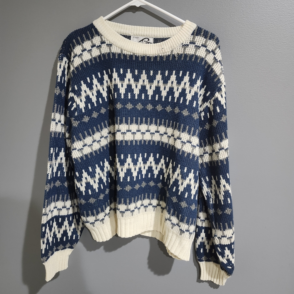 Steep Slopes Vintage Mens Blue And Cream Knit Sweater Size Large